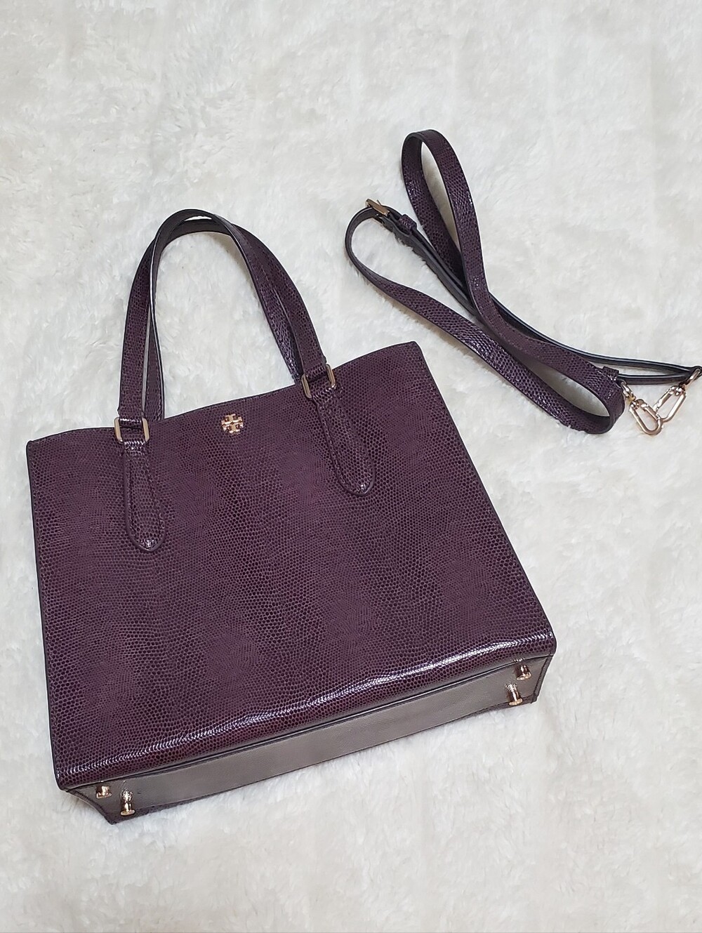 Tory Burch Deep Plum Textured Tote with Detachable Strap